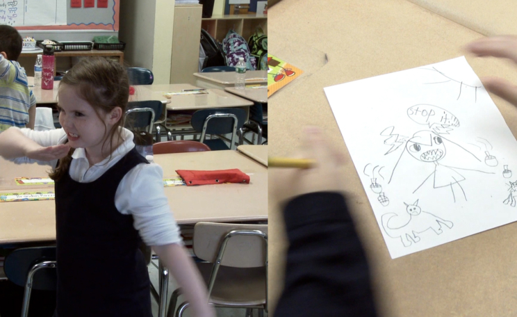 A composite image of a young girl displaying the word angry with her body and a drawing of an angry character on a sheet of paper