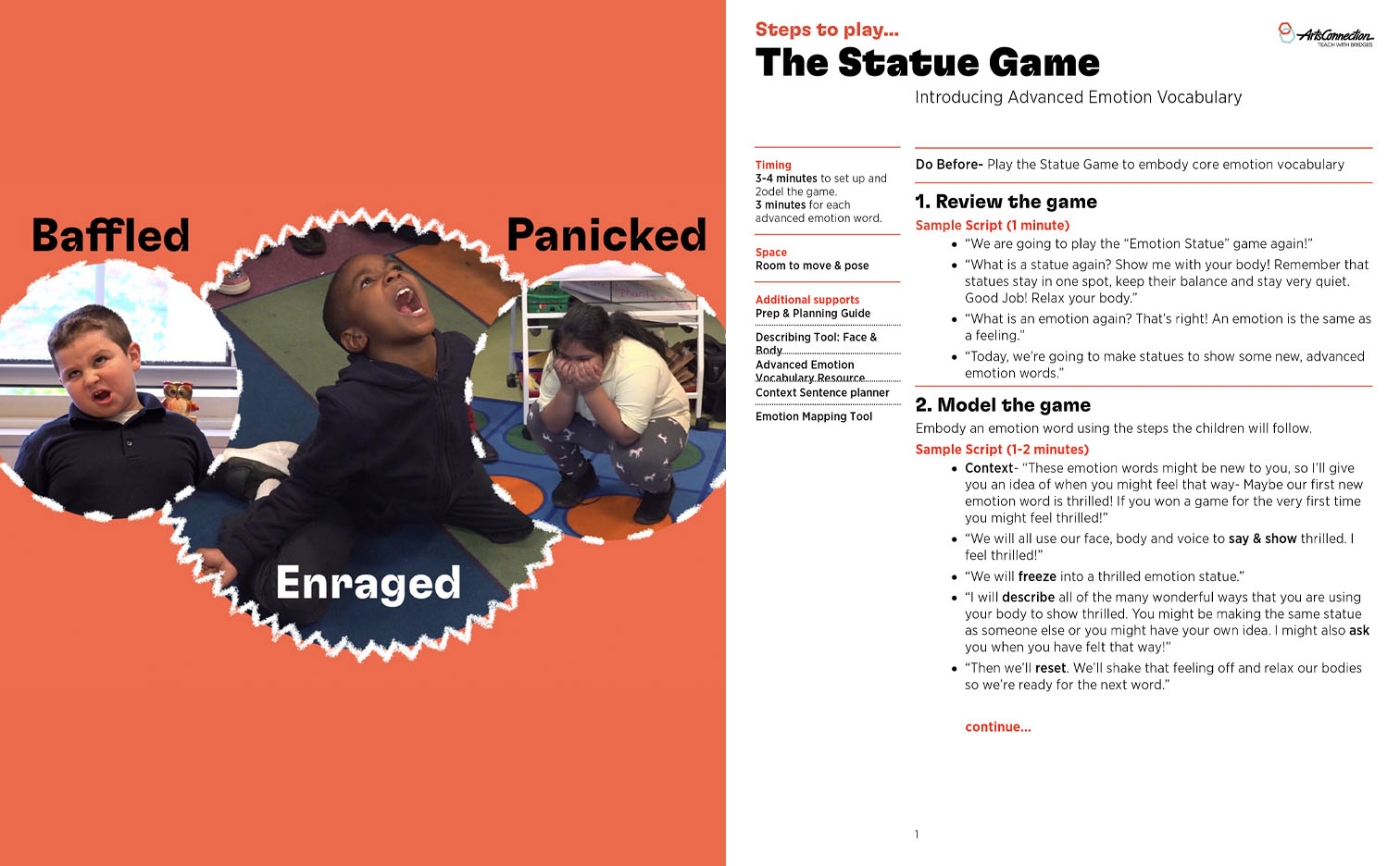 Three students using their bodies and faces to show the three advanced emotion vocabulary words baffled, enraged and panicked, next to the stteps to play the Advanced Statue Game