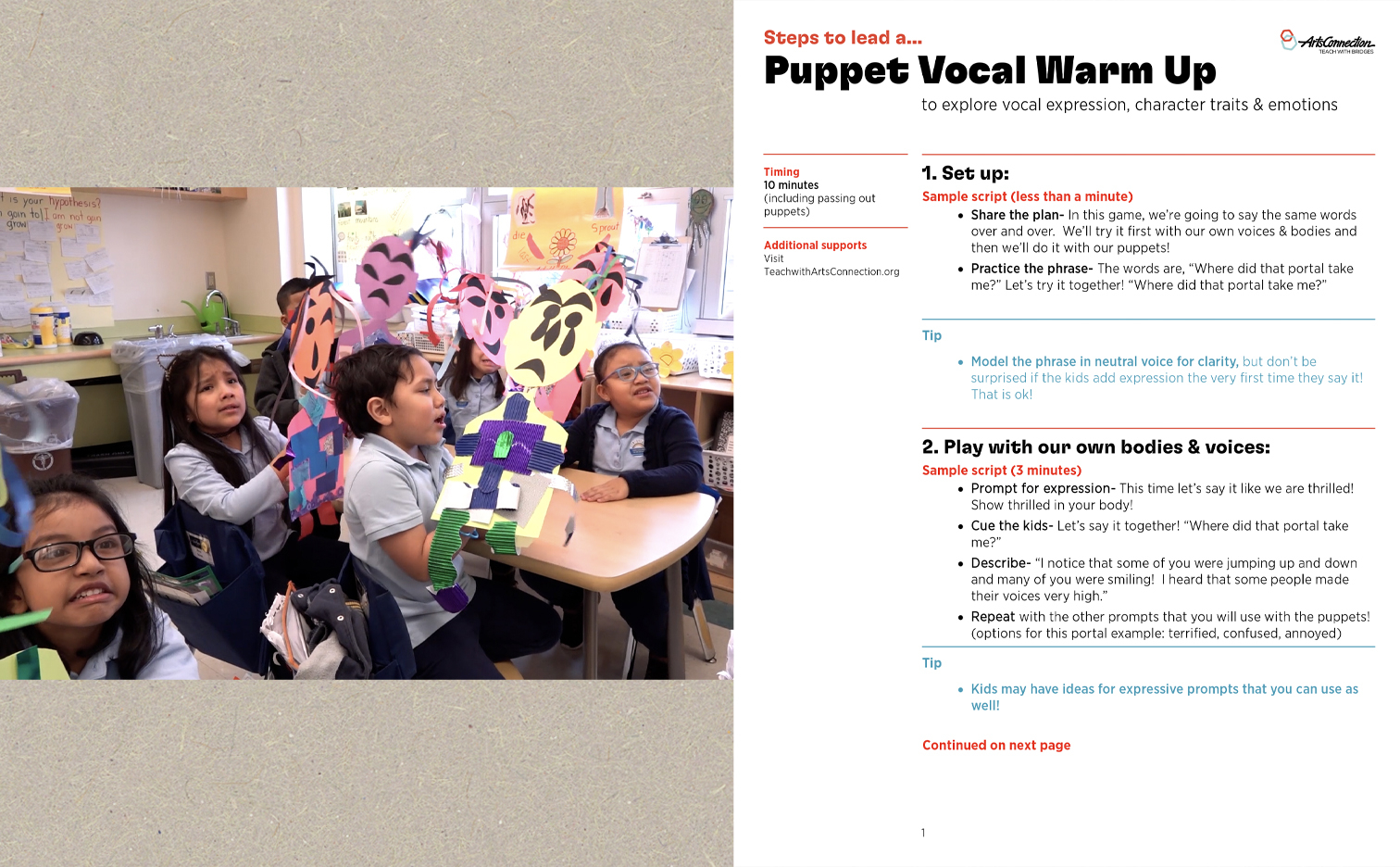 Composite image of the actiivty packet for the puppet vocal warm up and a photo of Kindergarteners in class warming up their puppet voices & expressing emotion of their puppets.