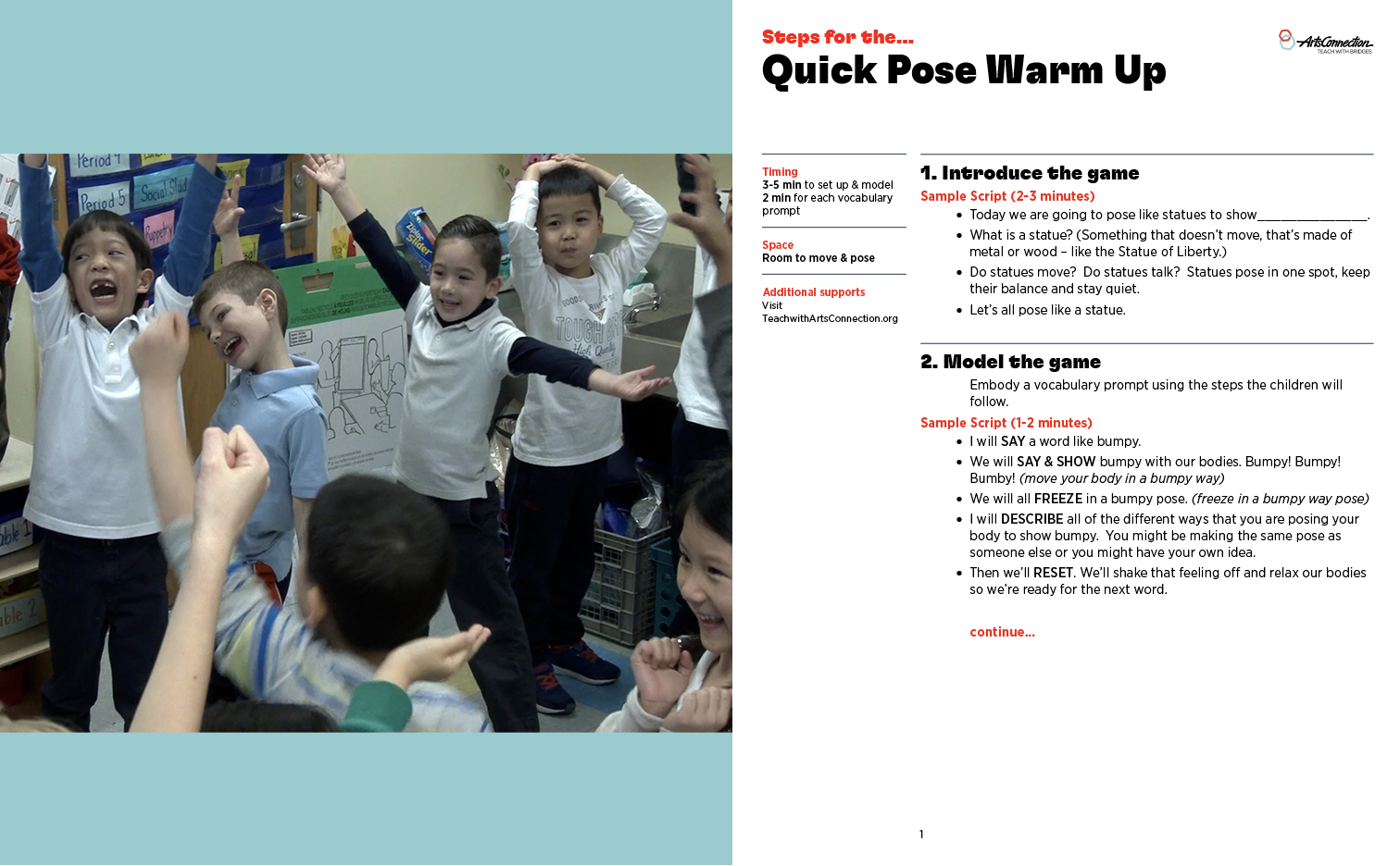Students embody vocabulary words, showing a variety of gestures and poses. Image of the steps write up for the Quick Pose Warm Up