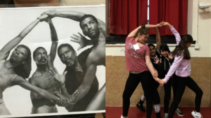 There are two images side-by-side. The first is a black and white photo of professional dancers creating a tableau with their bodies. The second is of a small group of middle school students recreating the same pose.