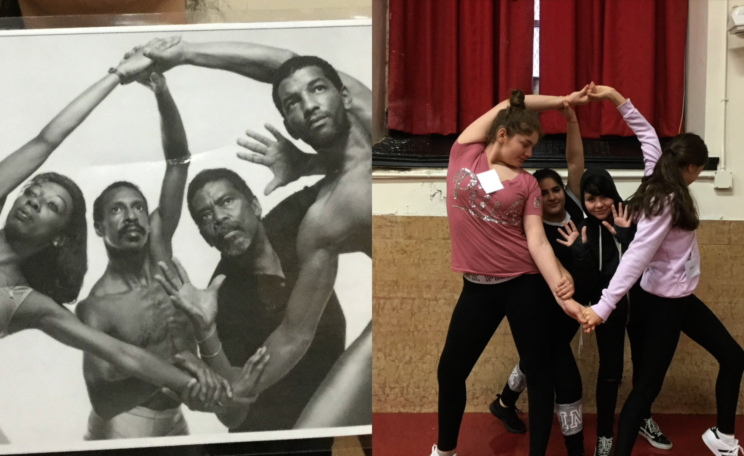 There are two images side-by-side. The first is a black and white photo of professional dancers creating a tableau with their bodies. The second is of a small group of middle school students recreating the same pose.