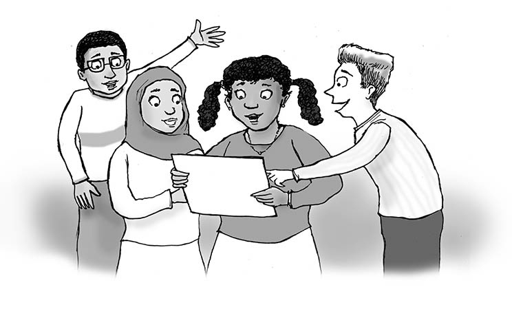 a cartoon of 4 students gather to look at a rectangular image.