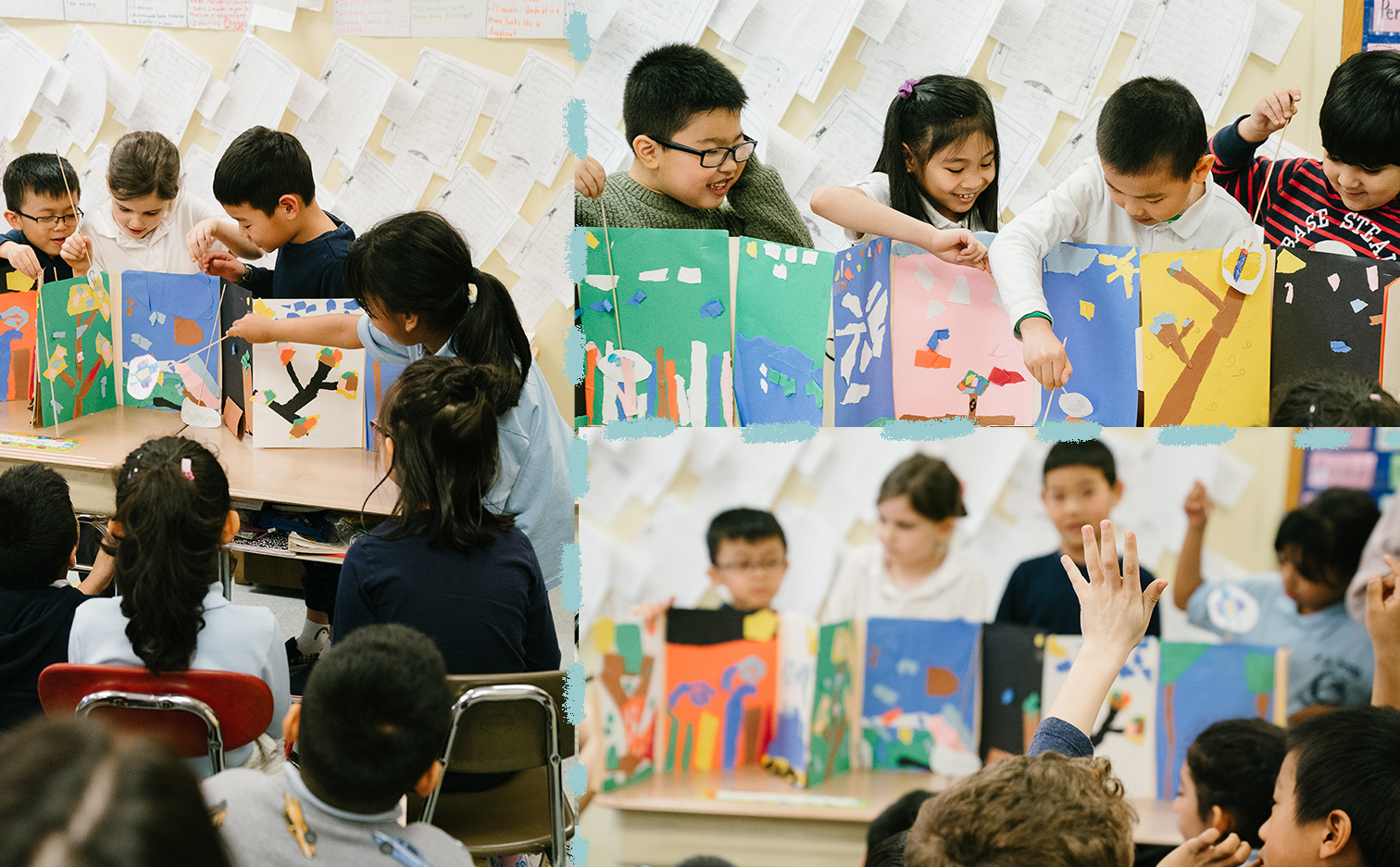 three images of elementary students playing with colorful collaged table top settings and puppets
