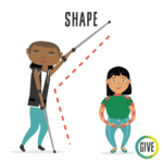 one person with crutches with one arm in air making an angular shape, and one character with their arms in front in circle making a curvy shape