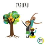 cartoon of 3 characters making a tree with their bodies, next to a tree