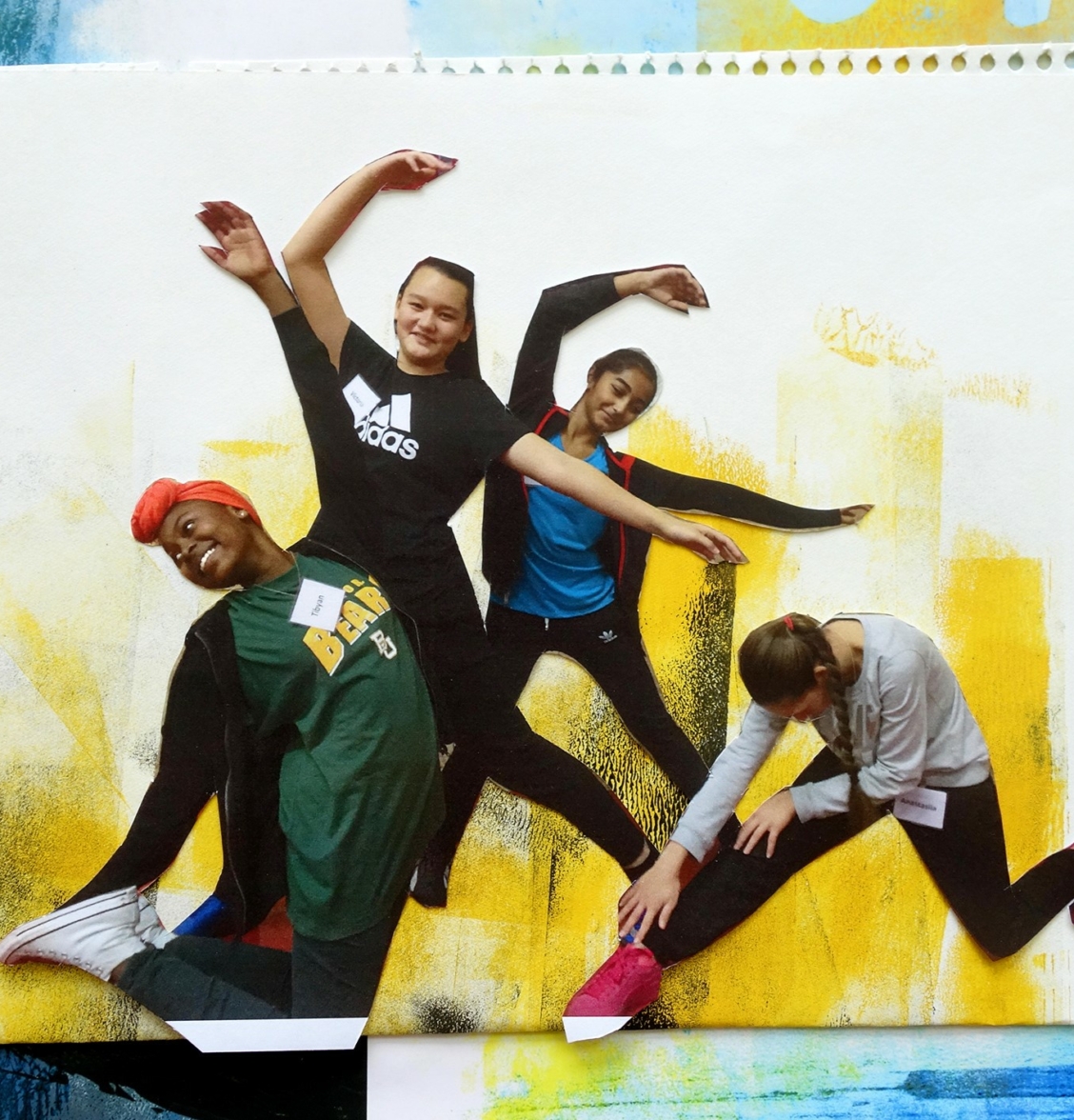 a group of students form a dance tableaux - they are cut out and placed on top of a watercolor collage of yellows and oranges