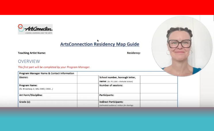 White Woman with hair in tow buns smiles in a circle in corner. Res tof image is filled with the AC residency Map document
