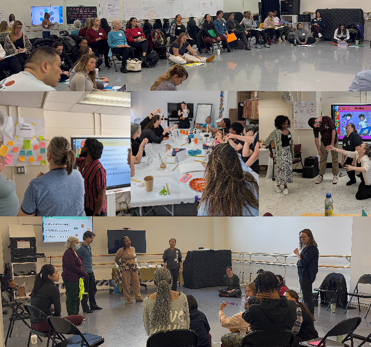 teachers participate in workshops: dancing, listening, puppetry, theater, lots of chart paper on walls