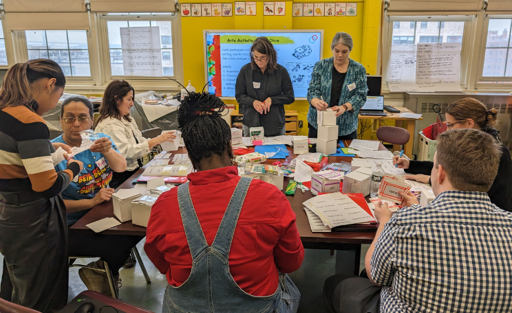 a facilitator stands in front of slides. Teachers gathered at tables with art materials, and curriculum around them